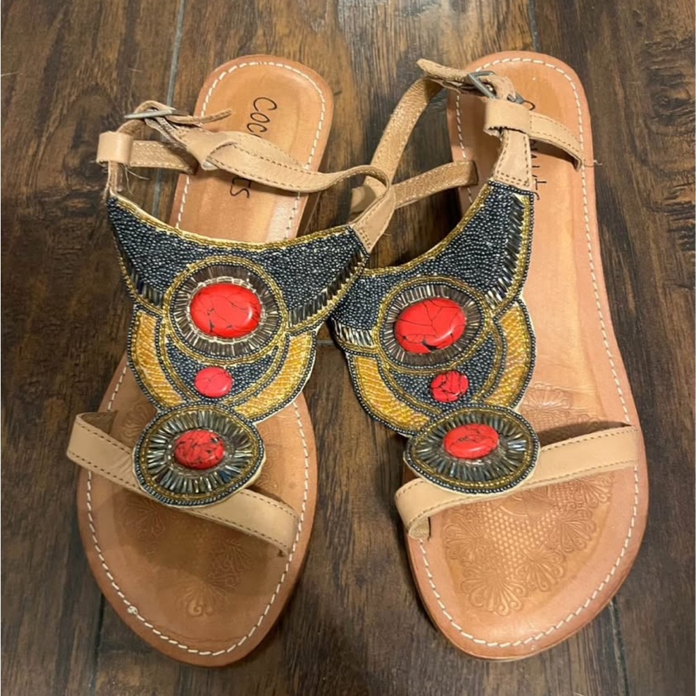 Women's Beaded Sandals - Tan and Red Size 8